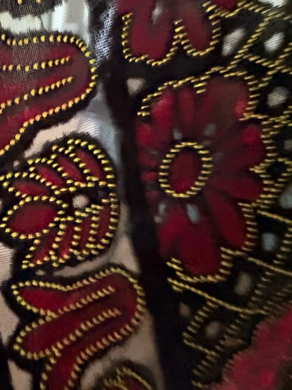Vintage burnout velvet scarf/shawl in vibrant gold & red floral designs